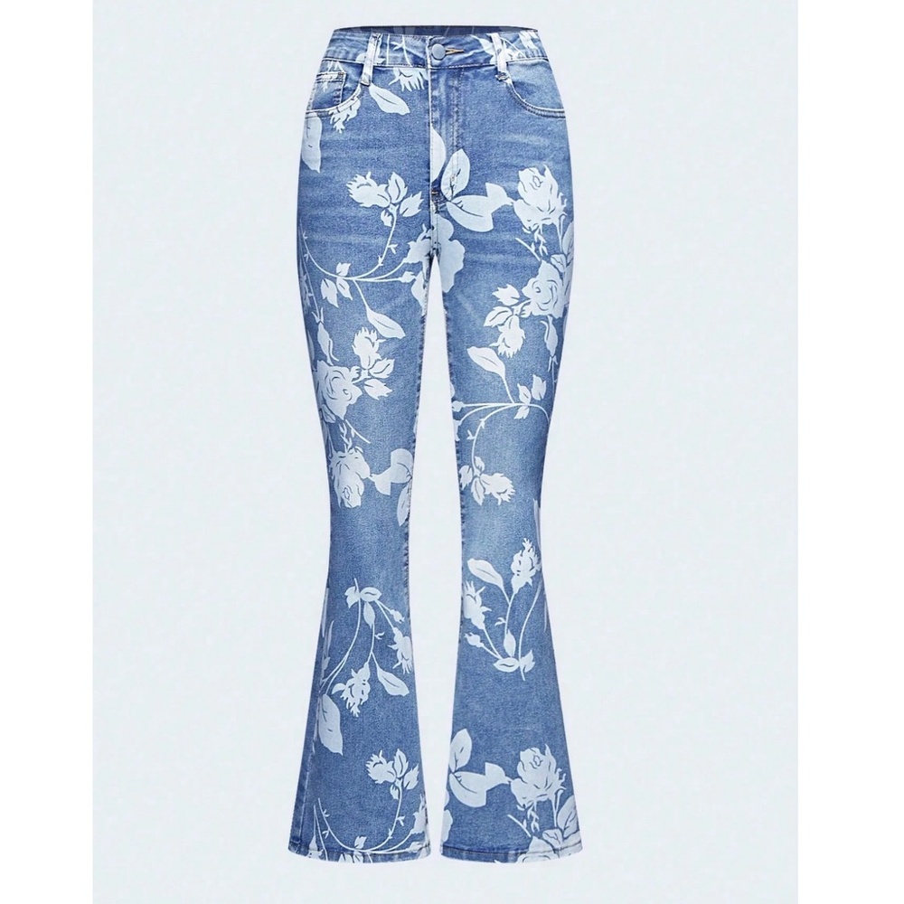 Vintage Style Floral Print Bell Bottom High Waist Denim Jeans - Picture 2 of 6